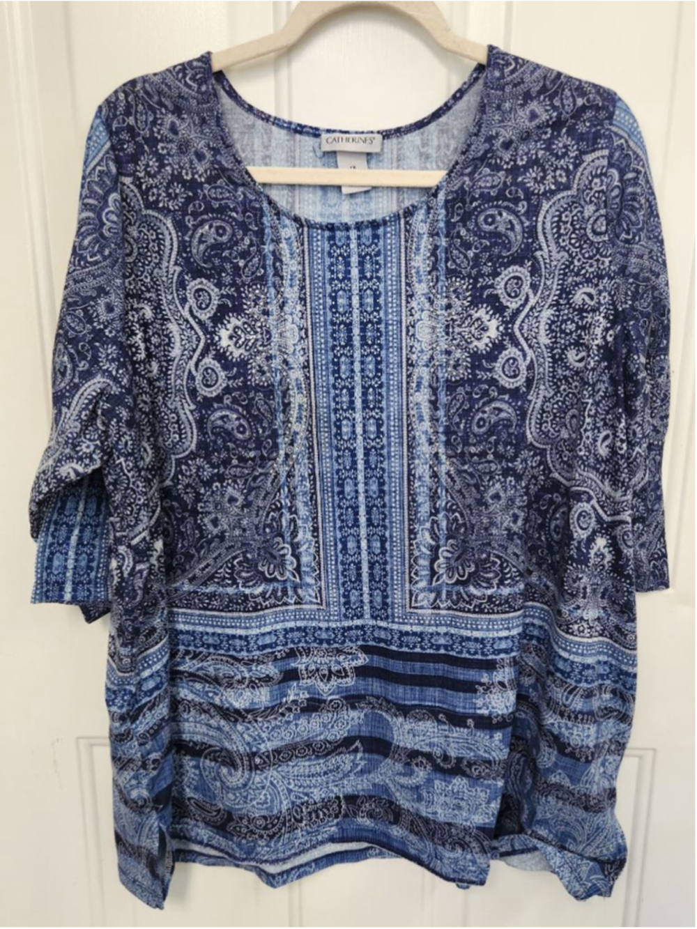 Catherines Tunic 1X Blue White Paisley Print